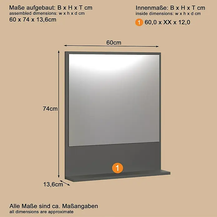 Trendteam Niklas Ablagespiegel - 60 x 14 x 74 cm, Anthrazit - Rechteckiger Spiegel mit dunkelgrauem Rahmen und integrierter Ablage. Abmessungen 60x74x13,6 cm.