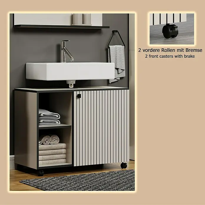 Trendteam Niklas Waschtischunterschrank - B x T x H: 80 x 42 x 64 cm, Kashmir, Strukturiert - Ein beigefarbener und dunkelgrauer Badezimmer-Waschtischunterschrank mit weißem Waschbecken, Lamellentür, Innenfächern und Rollen, davon zwei mit Bremsen.