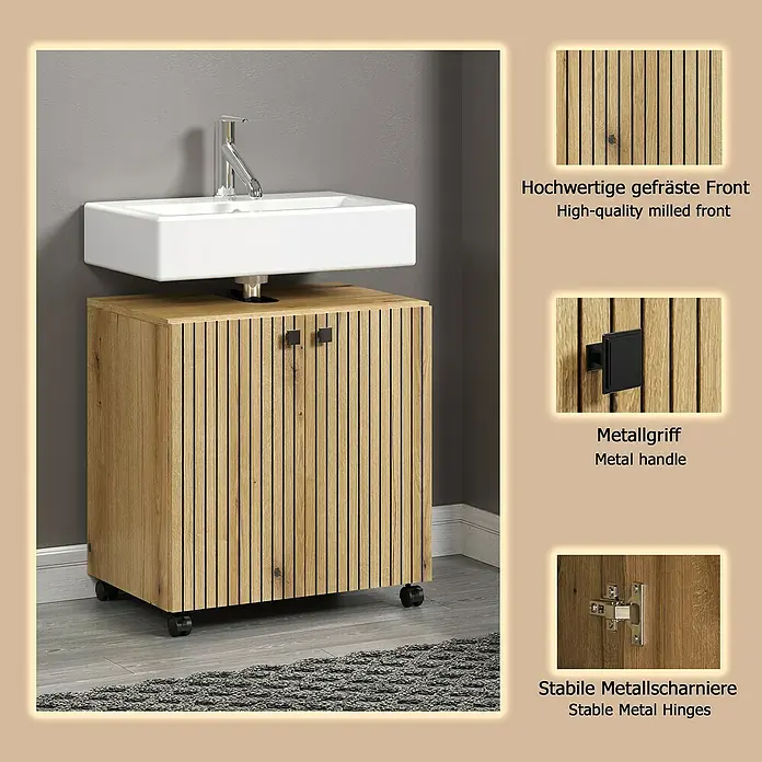 Trendteam Niklas Waschtischunterschrank - B x T x H: 60 x 42 x 64 cm, Evoke Eiche, Strukturiert - Hölzerner Waschtischunterschrank mit gefräster Front, schwarzen Metallgriffen und stabilen Metallscharnieren, auf Rollen, unter einem weißen Waschbecken.