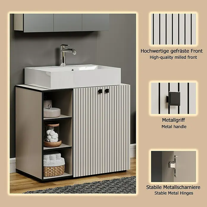 Trendteam Niklas Waschtischunterschrank - B x T x H: 90 x 53 x 79 cm, Kashmir, Strukturiert - Moderner Badunterschrank mit weißem Waschbecken, gerippter Tür und offenen Regalen.