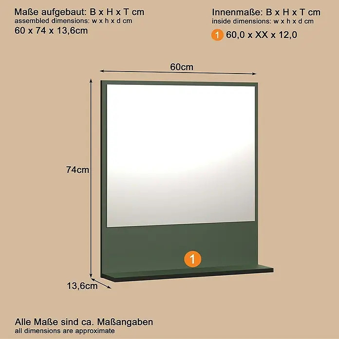 Trendteam Niklas Ablagespiegel - 60 x 14 x 74 cm, Grün - Dunkelgrüner Spiegel mit Ablage und Maßen 60x74x13,6cm.