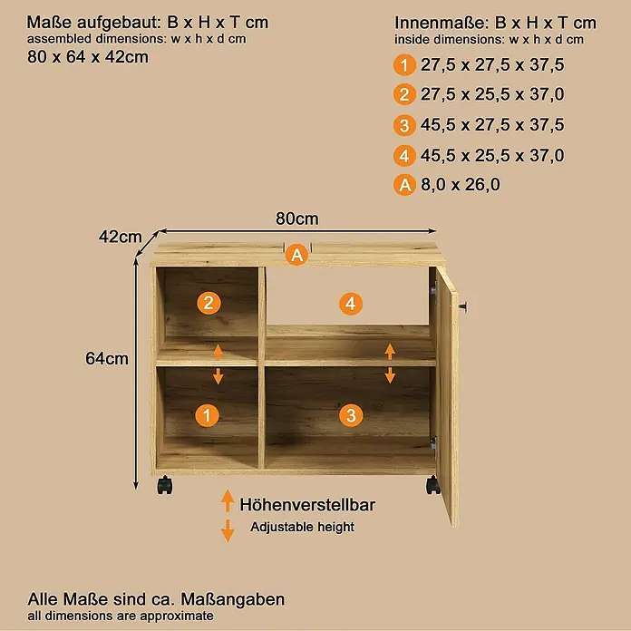 Trendteam Niklas Waschtischunterschrank - B x T x H: 80 x 42 x 64 cm, Evoke Eiche, Strukturiert - Heller Holz-Look Schrank auf Rollen mit mehreren Fächern, verstellbaren Einlegeböden und detaillierten Maßen.