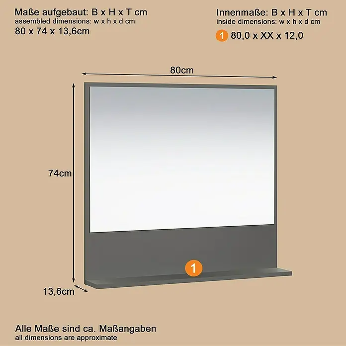 Trendteam Niklas Ablagespiegel - 80 x 14 x 74 cm, Anthrazit - Grauer Wandspiegel mit integrierter Ablage.
