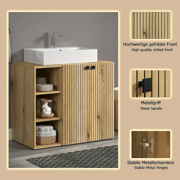 Trendteam Niklas Badmöbel-Set - 90 cm, Evoke Eiche, Strukturiert, Breite Waschbecken: 80 cm - Heller Holzwaschtischunterschrank mit weißem Rechteckwaschbecken, gefräster Front, schwarzen Metallgriffen und offenen Ablagefächern.
