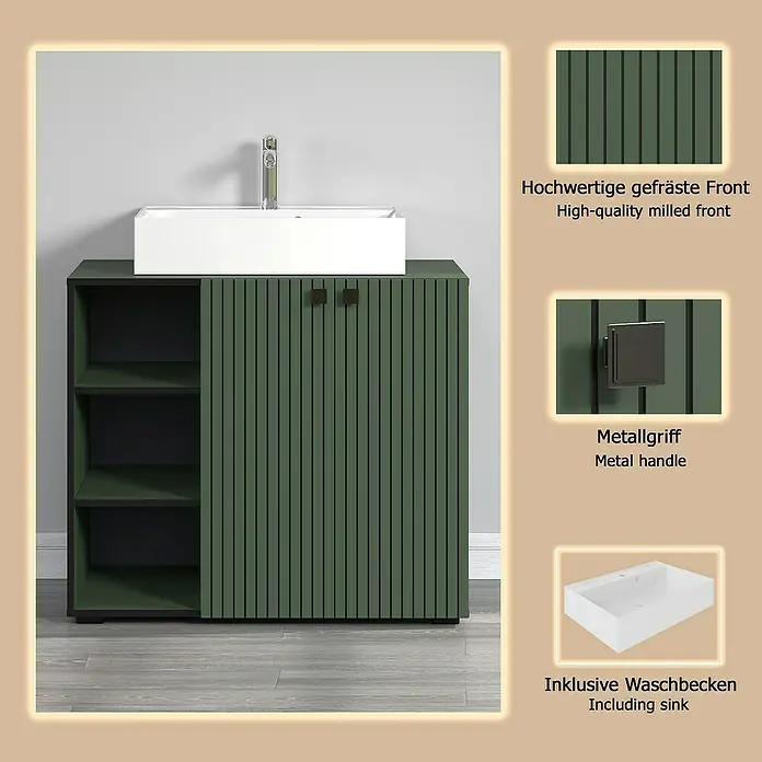 Trendteam Niklas Badmöbel-Set - 90 cm, Grün, Strukturiert, Breite Waschbecken: 60 cm - Dunkelgrüner Badunterschrank mit hochwertiger gefräster Front, Metallgriffen und integriertem weißem Waschbecken. Mit offenen Regalfächern.