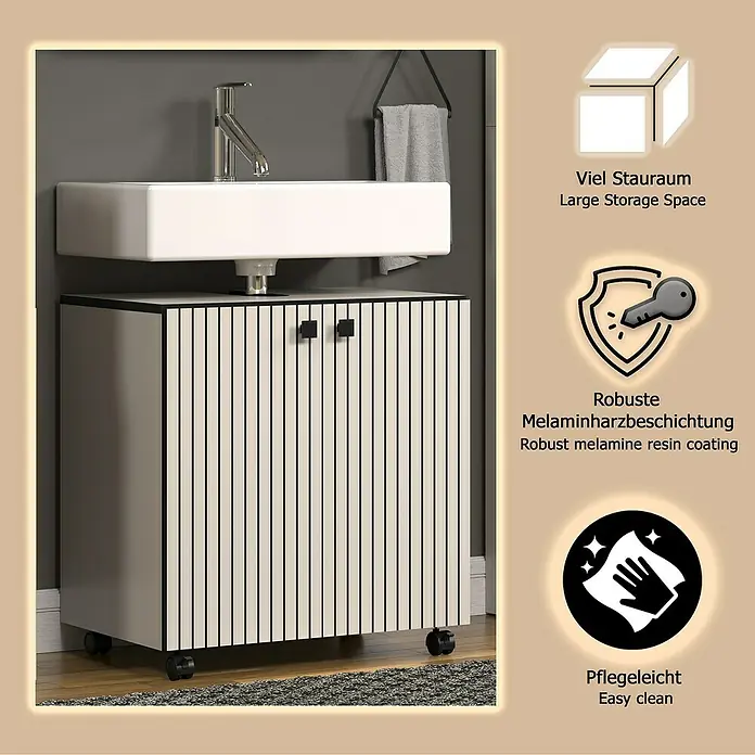 Trendteam Niklas Waschtischunterschrank - B x T x H: 60 x 42 x 64 cm, Kashmir, Strukturiert - Hellbeiger Badunterschrank mit weißem Waschbecken, schwarzen Streifen, Griffen und Rollen, bietet Stauraum.
