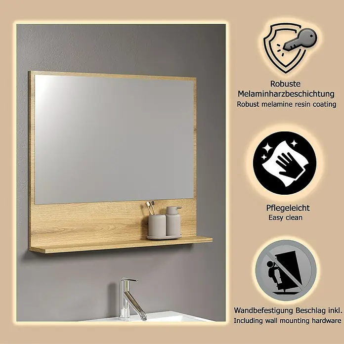 Trendteam Niklas Ablagespiegel - 80 x 14 x 74 cm, Evoke Eiche - Holzgerahmter Badspiegel mit integrierter Ablage über einem Waschbecken. Heller Holzton und modernes Design.