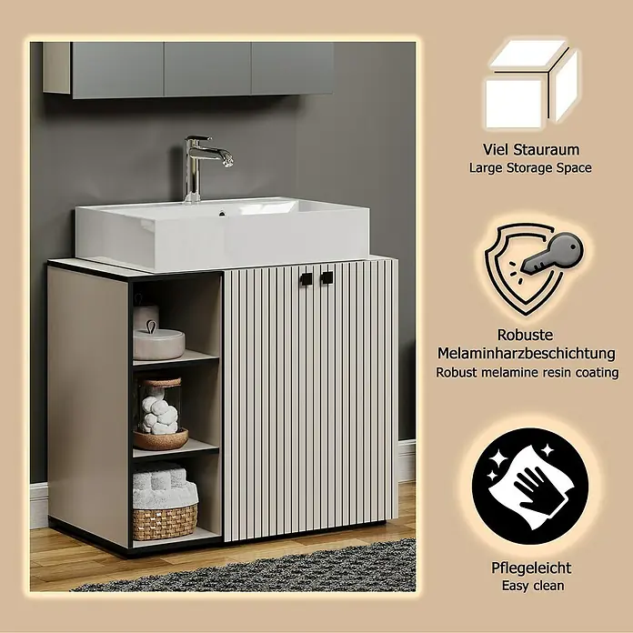 Trendteam Niklas Badmöbel-Set - 90 cm, Kashmir, Strukturiert, Breite Waschbecken: 80 cm - Modernes beiges Badezimmer-Waschtischunterschrank mit weißem Waschbecken, offenen Regalen und Lamellentüren. Bietet viel Stauraum und ist pflegeleicht.