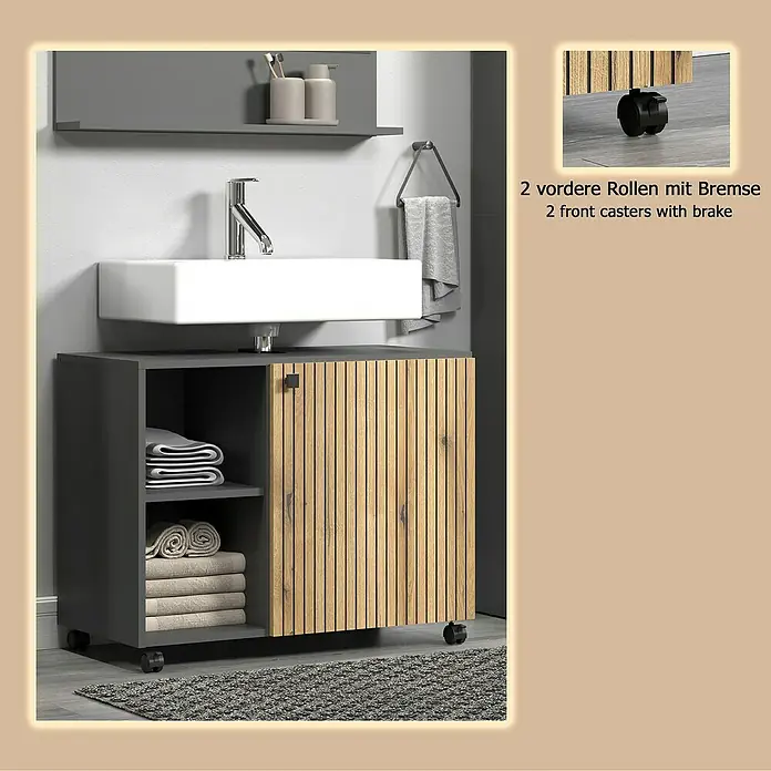 Trendteam Niklas Waschtischunterschrank - B x T x H: 80 x 42 x 64 cm, Evoke Eiche/Anthrazit, Strukturiert - Mobiler dunkelgrauer Badunterschrank mit weißem Waschbecken, Holzlamellentür und Bremsrollen.