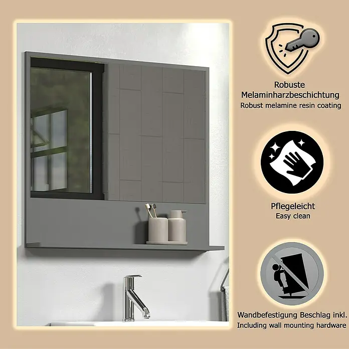 Trendteam Niklas Ablagespiegel - 80 x 14 x 74 cm, Anthrazit - Grauer Badspiegelschrank mit Ablage, robust beschichtet, pflegeleicht, inkl. Wandbefestigung.