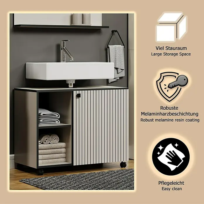Trendteam Niklas Waschtischunterschrank - B x T x H: 80 x 42 x 64 cm, Kashmir, Strukturiert - Moderner Badunterschrank mit weißem Waschbecken, beige-schwarzem Schrank und Handtuchablage. Mit Rollen ausgestattet.