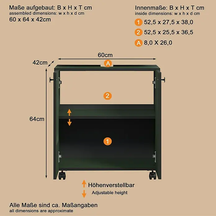 Trendteam Niklas Waschtischunterschrank - B x T x H: 60 x 42 x 64 cm, Grün, Strukturiert - Dunkelgrüner/schwarzer Rollcontainer mit verstellbarem Regal und zwei Fächern. Maße: 60x64x42cm.