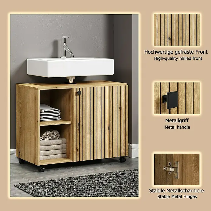 Trendteam Niklas Waschtischunterschrank - B x T x H: 80 x 42 x 64 cm, Evoke Eiche, Strukturiert - Hölzerner Badezimmer-Waschtisch mit geriffelter Front, weißem Waschbecken, schwarzem Griff, stabilen Metallscharnieren und Rollen, mit offenen Regalen und Handtüchern.