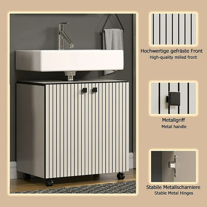 Trendteam Niklas Waschtischunterschrank - B x T x H: 60 x 42 x 64 cm, Kashmir, Strukturiert - Cremefarbener Badunterschrank mit vertikal gefräster Front, schwarzen Griffen und Rollen, unter einem weißen Waschbecken in modernem Badezimmerambiente.
