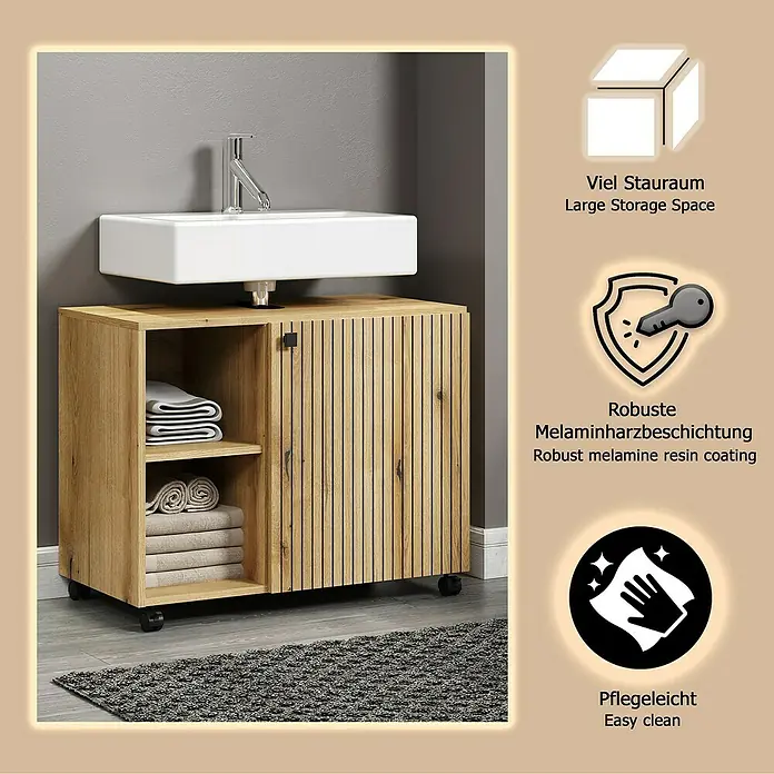 Trendteam Niklas Waschtischunterschrank - B x T x H: 80 x 42 x 64 cm, Evoke Eiche, Strukturiert - Helles Badmöbel aus Holz mit weißem Waschbecken, offenen Regalen und Lamellentüren auf Rollen, bietet Stauraum.