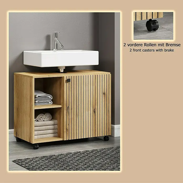 Trendteam Niklas Waschtischunterschrank - B x T x H: 80 x 42 x 64 cm, Evoke Eiche, Strukturiert - Eichen-Waschtischunterschrank mit weißem Waschbecken, offener Ablage, Lamellentüren, vordere Rollen mit Bremse.