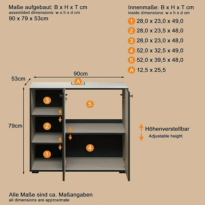 Trendteam Niklas Waschtischunterschrank - B x T x H: 90 x 53 x 79 cm, Kashmir, Strukturiert - Brauner und grauer Schrank mit zwei Türen, verstellbaren Einlegeböden und mehreren Fächern. Maße: 90x79x53cm.