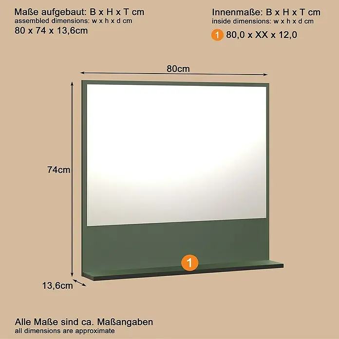 Trendteam Niklas Ablagespiegel - 80 x 14 x 74 cm, Grün - Rechteckiger Spiegel mit dunkelgrünem Rahmen und integrierter unterer Ablage. Gesamtmaße: 80x74x13,6 cm.