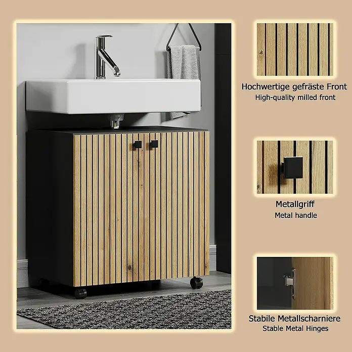 Trendteam Niklas Waschtischunterschrank - B x T x H: 60 x 42 x 64 cm, Evoke Eiche/Anthrazit, Strukturiert - Badunterschrank mit naturholzlamellen Front, schwarzem Korpus, weißem Waschbecken und Rollen.