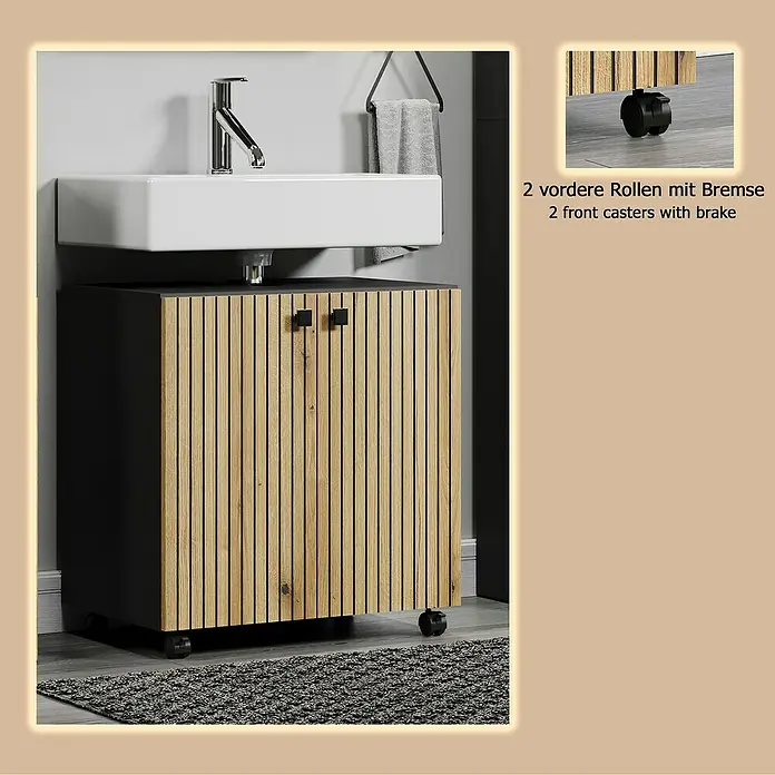 Trendteam Niklas Waschtischunterschrank - B x T x H: 60 x 42 x 64 cm, Evoke Eiche/Anthrazit, Strukturiert - Badezimmermöbel mit weißem Waschbecken, schwarzem Unterschrank, Holzlamellentüren, schwarzen Griffen und 2 feststellbaren Vorderrädern.