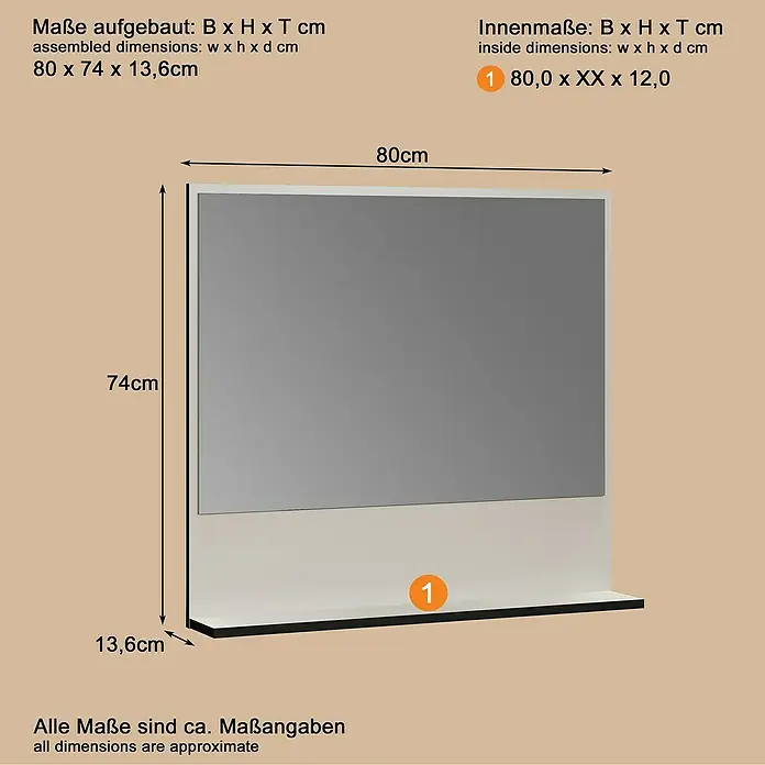 Trendteam Niklas Ablagespiegel - 80 x 14 x 74 cm, Kashmir - Wandmontierter weißer Spiegel mit integrierter Ablage, Maße angegeben. Der Spiegel hat eine graue Oberfläche.