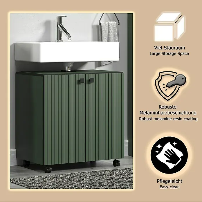 Trendteam Niklas Waschtischunterschrank - B x T x H: 60 x 42 x 64 cm, Grün, Strukturiert - Dunkelgrüner gerippter Badunterschrank auf Rollen mit schwarzen Griffen, unter einem weißen Waschbecken, mit Stauraum und leicht zu reinigen.