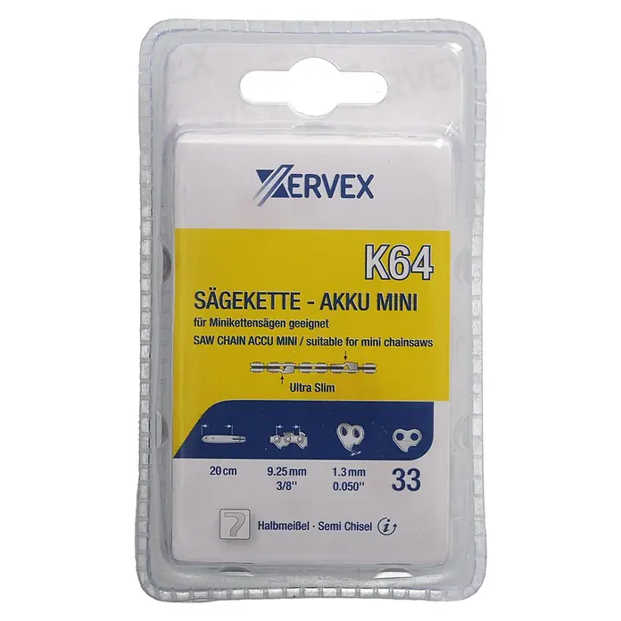 Xervex Sägekette K64 - Passend für: einige Einhell Hochentaster- und Kettensägen, Anzahl Treibglieder: 33 Stk., Nutbreite: 1,3 mm, Kettenteilung: ⅜″ - ZERVEX K64 Halbmeißel-Sägekette, 20 cm (3/8", 0.050", 33 Glieder) für Minikettensägen, in transparenter Blisterverpackung.