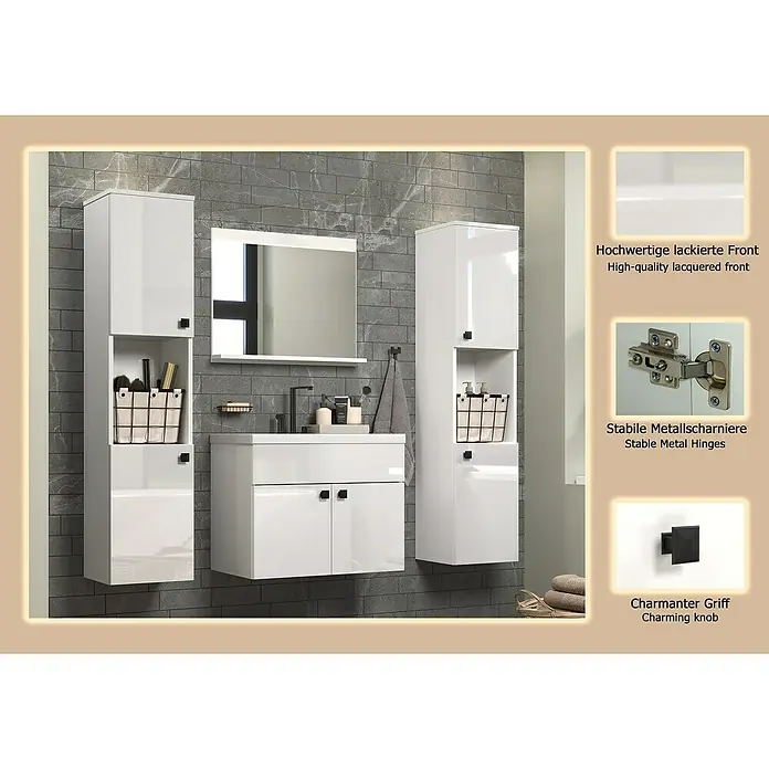 Trendteam Badmöbel-Set Haven - Gesamtbreite Badmöbel: 163 cm, Weiß, Glänzend, 5 -tlg. - Hochwertiges lackiertes weißes Badmöbelset mit Waschbecken, Spiegel und Hochschränken, mit stabilen Metallscharnieren und charmanten schwarzen Knöpfen.