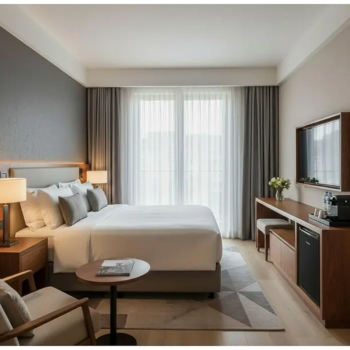 Corberó Frigorífico CFHMB41N - 47,5 x 44 x 51,5 cm, Negro - Habitación de hotel moderna con cama cómoda, muebles de madera cálida y ventanas grandes. Incluye TV, minibar y zona de estar.