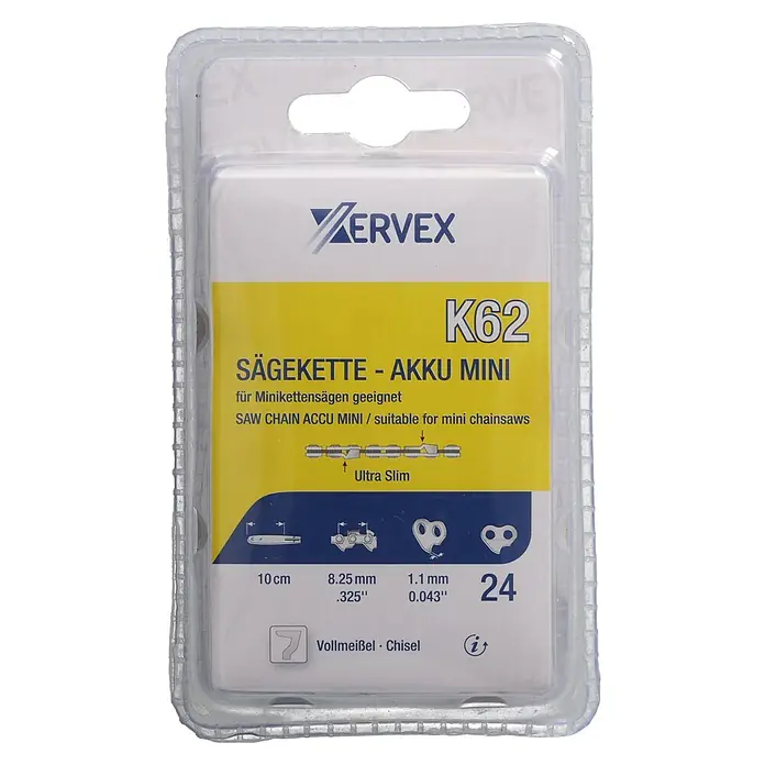 Xervex Sägekette K62 - Passend für: Modelle von RYOBI, Anzahl Treibglieder: 24 Stk., Kettenteilung: 0,325″ - Kervex K62 ultra schlanke Mini-Sägekette, 10cm, .325", Vollmeißel, in Blisterverpackung.