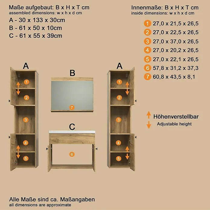 Trendteam Badmöbel-Set Haven - Gesamtbreite Badmöbel: 163 cm, Eiche Kraft Gold, Matt, 5 -tlg. - Set aus hellbraunen Badmöbeln: zwei Hochschränke, ein Spiegel und ein Waschtischunterschrank mit Maßangaben.