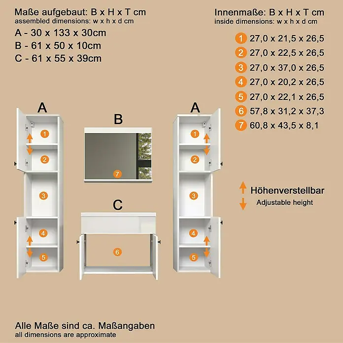Trendteam Badmöbel-Set Haven - Gesamtbreite Badmöbel: 163 cm, Weiß, Glänzend, 5 -tlg. - Diagramm mit Maßen weißer Badmöbel: zwei Hochschränke mit verstellbaren Einlegeböden, Spiegel, Waschtischunterschrank.