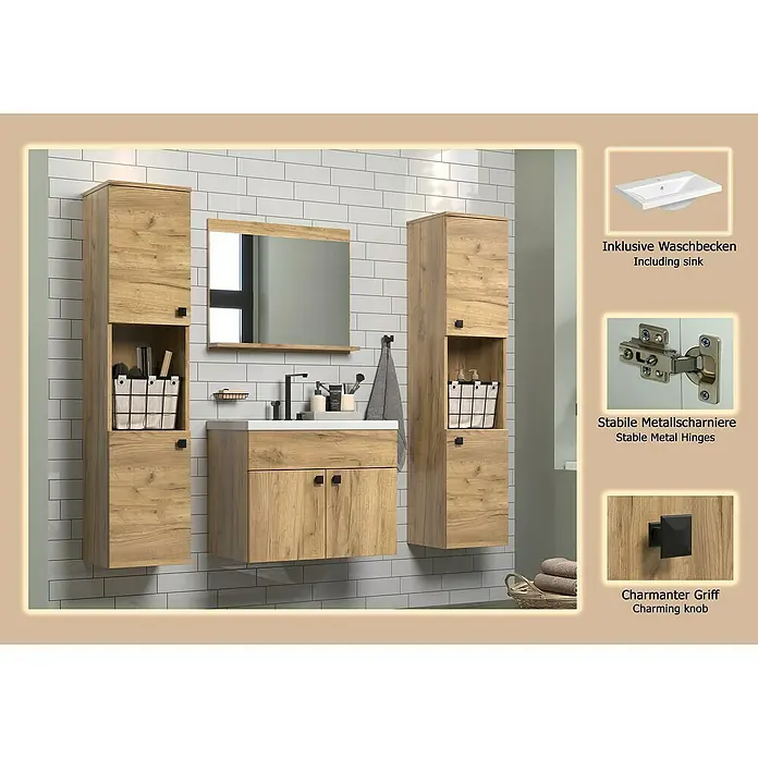 Trendteam Badmöbel-Set Haven - Gesamtbreite Badmöbel: 163 cm, Eiche Kraft Gold, Matt, 5 -tlg. - Modernes Badezimmermöbel-Set in heller Holzoptik, bestehend aus zwei Hochschränken, einem Waschtisch mit weißem Waschbecken und einem Spiegel.