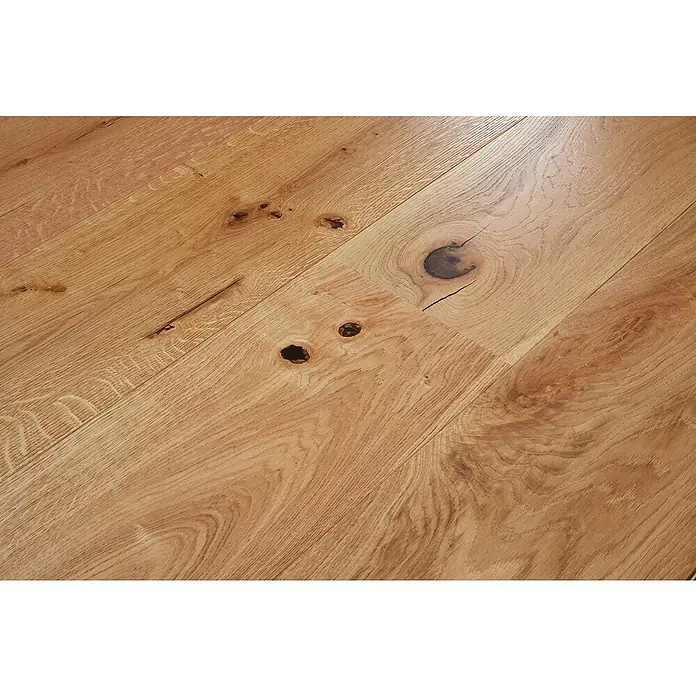 Parkett Schlossdiele Eiche Florida - L x B x H: 2.200 x 260 x 15 mm - Helle, naturfarbene Holzfußbodendielen mit sichtbarer Maserung und Ästen.