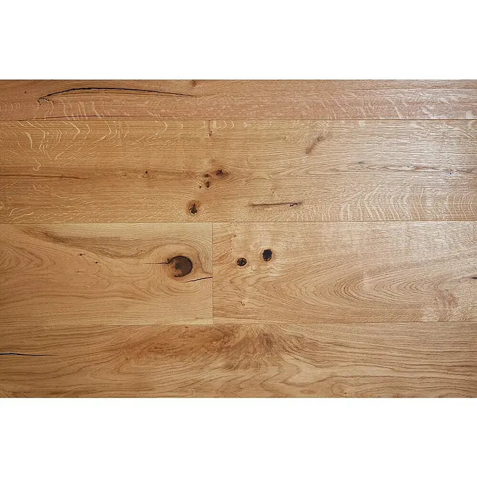 Parkett Schlossdiele Eiche Florida - L x B x H: 2.200 x 260 x 15 mm - Heller Holzfußboden mit ausgeprägter Maserung und Ästen, der eine rustikale, natürliche Holzästhetik zeigt.