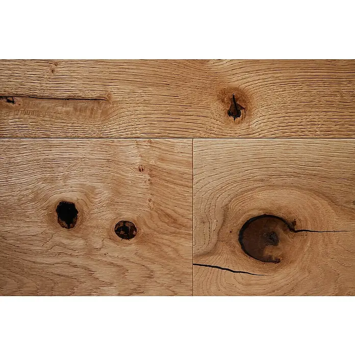 Parkett Schlossdiele Eiche Florida - L x B x H: 2.200 x 260 x 15 mm - Helle Holzplanken mit ausgeprägter Maserung und dunklen Ästen, passend für rustikale Böden oder Wandverkleidungen.