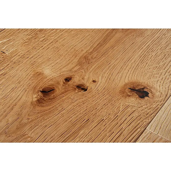 Parkett Schlossdiele Eiche Florida - L x B x H: 2.200 x 260 x 15 mm - Helles braunes Holzparkett mit sichtbarer Maserung und dunklen Ästen.