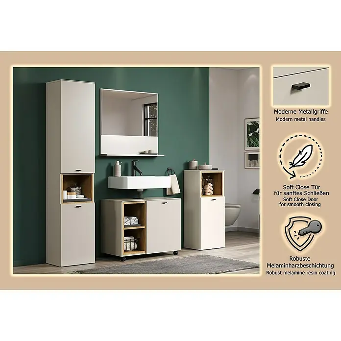 Trendteam Sao Paulo Badmöbel-Set - Gesamtbreite Badmöbel: 180 cm, Kaschmir/Evoke Eiche, Matt - Moderne hellbeige Badschränke mit Holzdetails, dunklen Metallgriffen und Soft-Close-Türen, mit robuster Melaminharzbeschichtung.