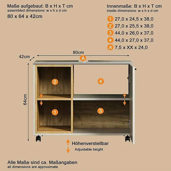 Trendteam Sao Paulo Waschbeckenunterschrank - B x T x H: 80 x 42 x 64 cm, Kaschmir/Evoke Eiche - Ein Holzoptik-Schrank mit hellgrauem Rahmen, offenen Fächern und Schubladen. Gesamtmaße 80x64x42cm.