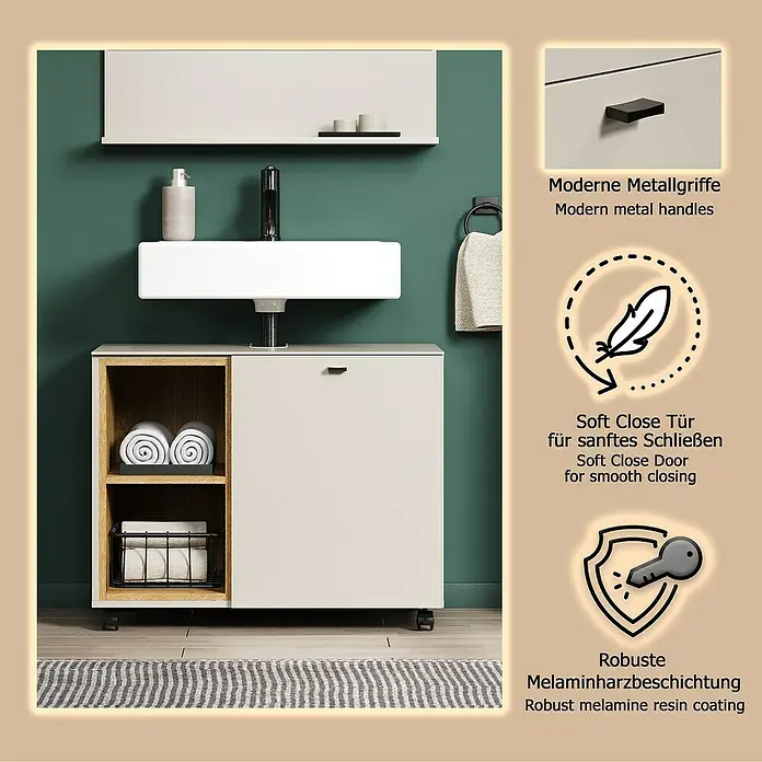 Trendteam Sao Paulo Waschbeckenunterschrank - B x T x H: 80 x 42 x 64 cm, Kaschmir/Evoke Eiche - Moderne beige Badmöbel mit integriertem weißen Waschbecken, offenem Holzregal und Soft-Close-Schranktür für organisierten Stauraum.