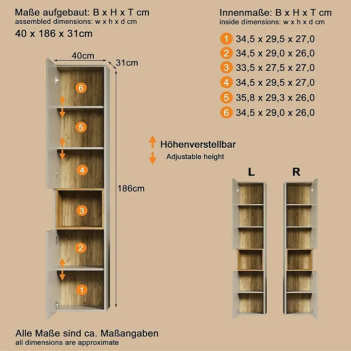 Trendteam Sao Paulo Hochschrank - B x T x H: 40 x 31 x 186 cm, Kaschmir/Evoke Eiche, Matt - Heller grauer Schrank mit Holzoptik-Innenfächern und verstellbaren Einlegeböden. Maße 40x186x31cm, zeigt sechs nummerierte Innenfächer mit Maßen.