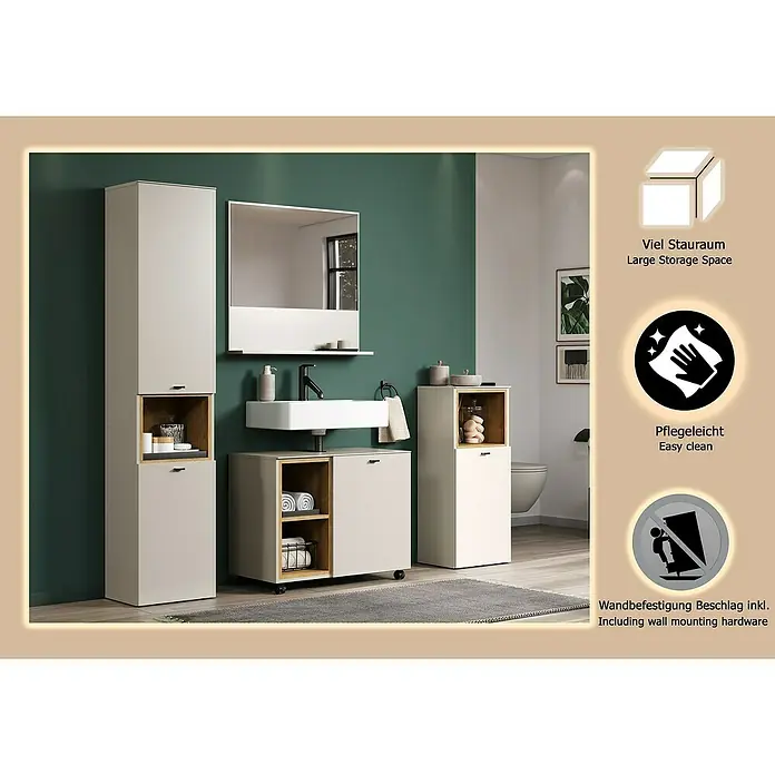 Trendteam Sao Paulo Badmöbel-Set - Gesamtbreite Badmöbel: 180 cm, Kaschmir/Evoke Eiche, Matt - Modernes Badmöbel-Set in Beige und Holzoptik mit verschiedenen Schränken und Waschbecken in einer Badezimmerumgebung.