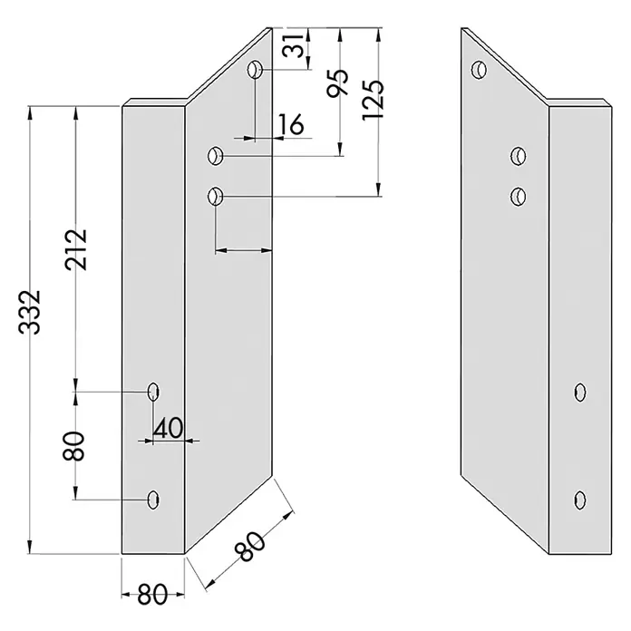 Spettmann Dachsparrenadapter - Links, 80 x 80 x 332 mm, Passend für: Spettmann offene Gelenkarm-, Halbkassetten- und Vollkassettenmarkisen - Technische Zeichnung einer abgewinkelten grauen Metallhalterung mit mehreren Befestigungslöchern und Maßen.