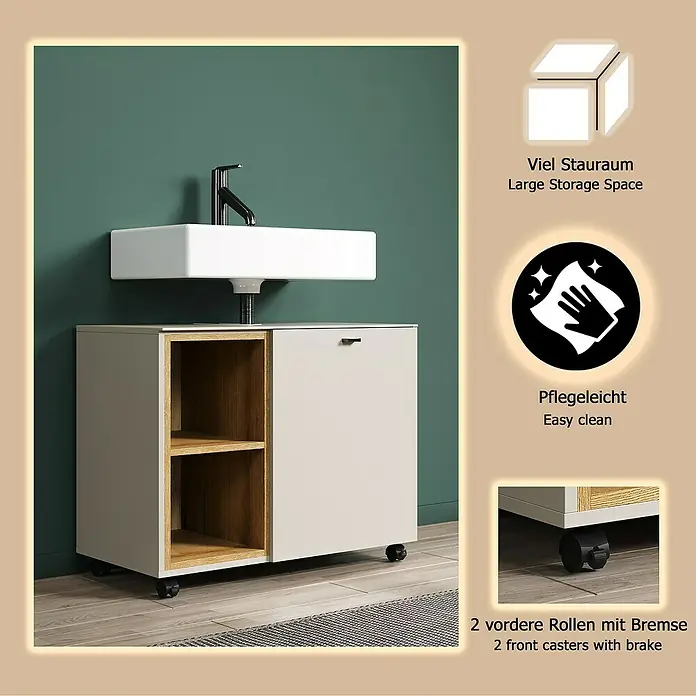 Trendteam Sao Paulo Waschbeckenunterschrank - B x T x H: 80 x 42 x 64 cm, Kaschmir/Evoke Eiche - Mobiler Badunterschrank in Hellbeige und Holzoptik mit offenen Fächern und Rollen, unter einem weißen Waschbecken mit dunklem Wasserhahn.