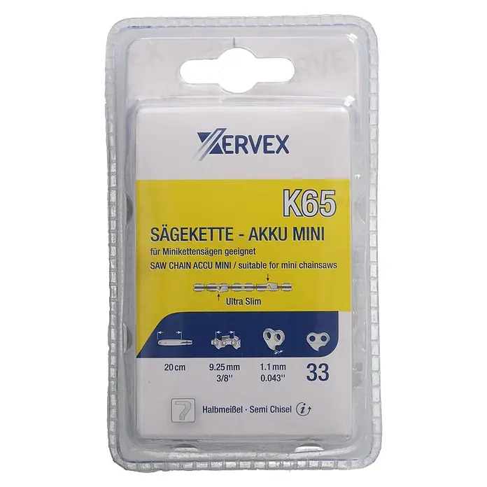 Xervex Sägekette K65 - Passend für: von Einhell, Güde, Ikra, Oregon, Plattfield und Ryobi, Anzahl Treibglieder: 33 Stk., Nutbreite: 1,1 mm, Kettenteilung: ⅜″ - KERVEX K65 Halbmeißel-Sägekette für Minikettensägen in Blisterverpackung, mit gelb-blauem Etikett und Spezifikationen.