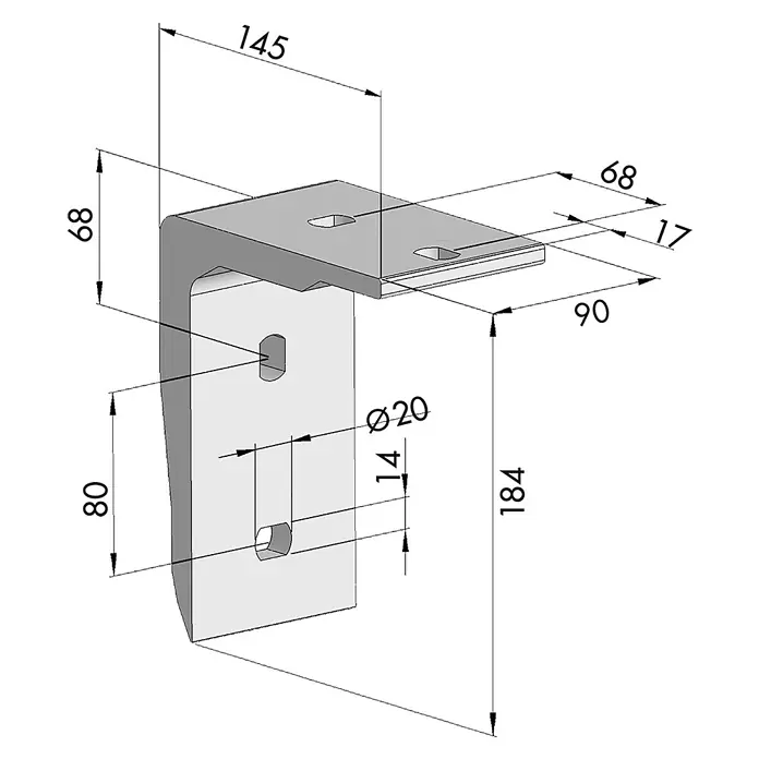 Spettmann Deckenadapter - 145 x 80 x 184 mm, Passend für: Spettmann offene Gelenkarm-, Halbkassetten- und Vollkassettenmarkisen - L-förmige graue Metall-Montagehalterung mit diversen Befestigungslöchern und Maßen.