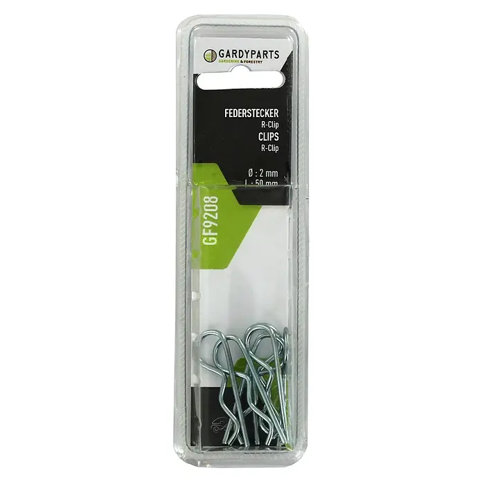 GardyParts Federstecker GF9208 - Durchmesser: 2 cm, Metall, Länge: 50 mm - Silberfarbene Federstecker (Ø 2mm, L 50mm) in transparenter Blisterverpackung.
