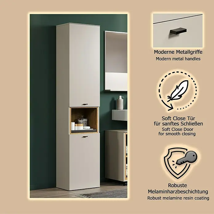 Trendteam Sao Paulo Hochschrank - B x T x H: 40 x 31 x 186 cm, Kaschmir/Evoke Eiche, Matt - Hoher beiger Schrank mit offener Holzablage, modernen schwarzen Griffen und Soft-Close-Türen.
