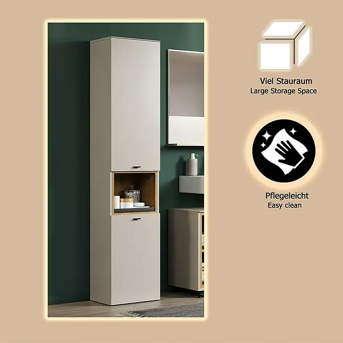 Trendteam Sao Paulo Hochschrank - B x T x H: 40 x 31 x 186 cm, Kaschmir/Evoke Eiche, Matt - Hoher, schmaler, hellbeiger Badezimmerschrank mit offenem Holzfach in der Mitte, ideal für organisierte Aufbewahrung.