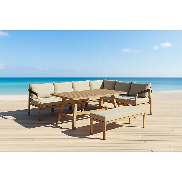 Sunfun Conjunto de muebles Monti (6 pzs., Aluminio con transferencia térmica de teca/Poliéster, Marrón/Gris) | BAUHAUS